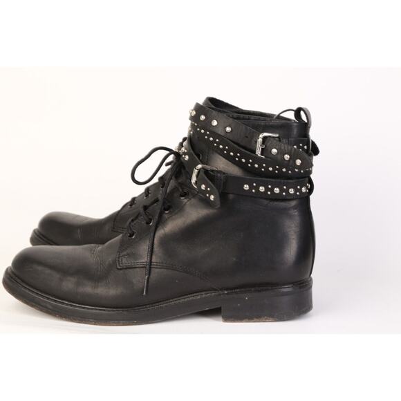 MAJE Black Leather Combat Moto Studded Lace Up Boots Booties Size 39 - Picture 13 of 13